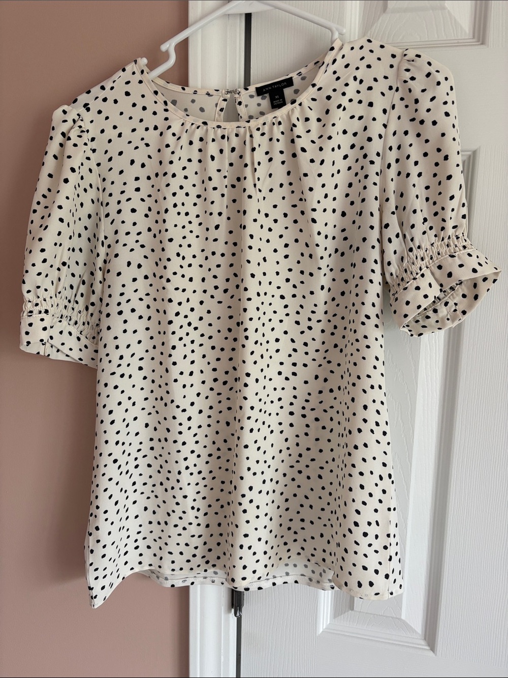 Ann Taylor Cream Blouse with Black Dot Print